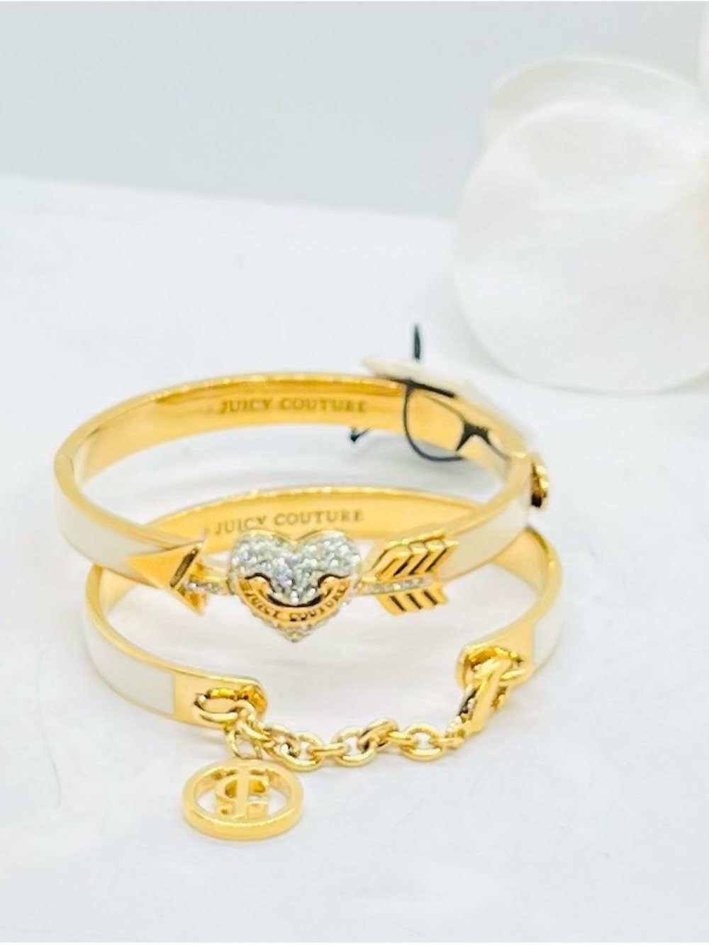 Juicy Couture Gold and White Heart Arrow & Chain Bracelet Set